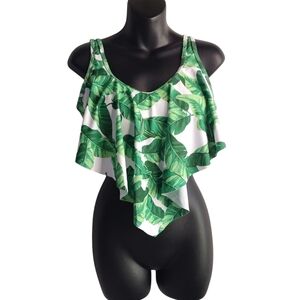 Coskaka Women's Green White Leaves Print Bikini Swim Suit Top Size M NWT